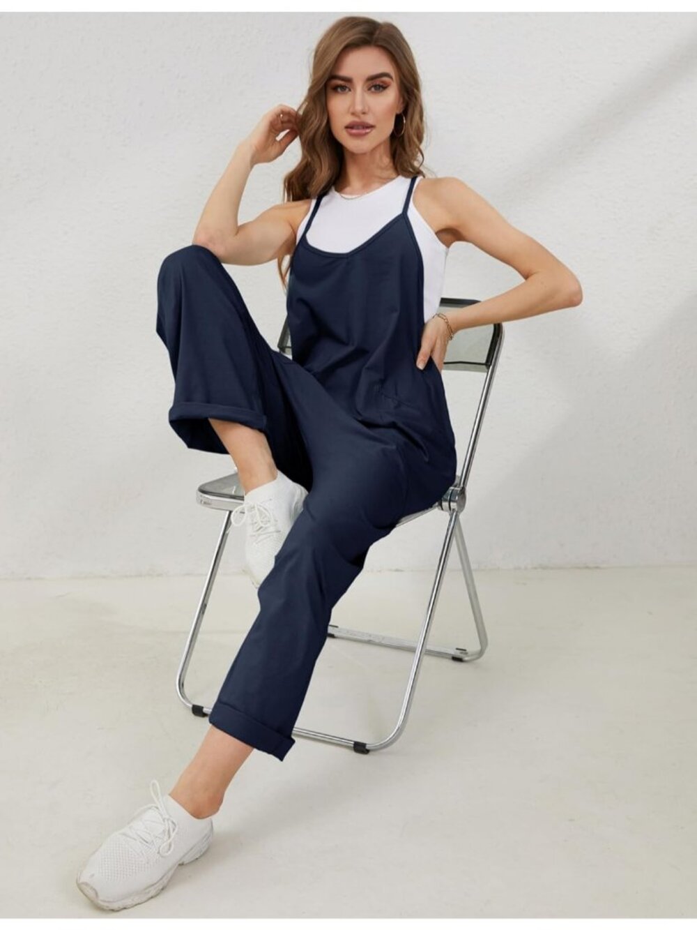 Women's Dark Blue V Neck Sleeveless Overalls Stretchy Adjustable Strap Romper - Picture 6 of 6